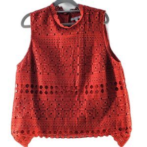 Anthropologie Daniel Rainn Red Lace Embroidered Overlay Scallop Back Keyhole Top